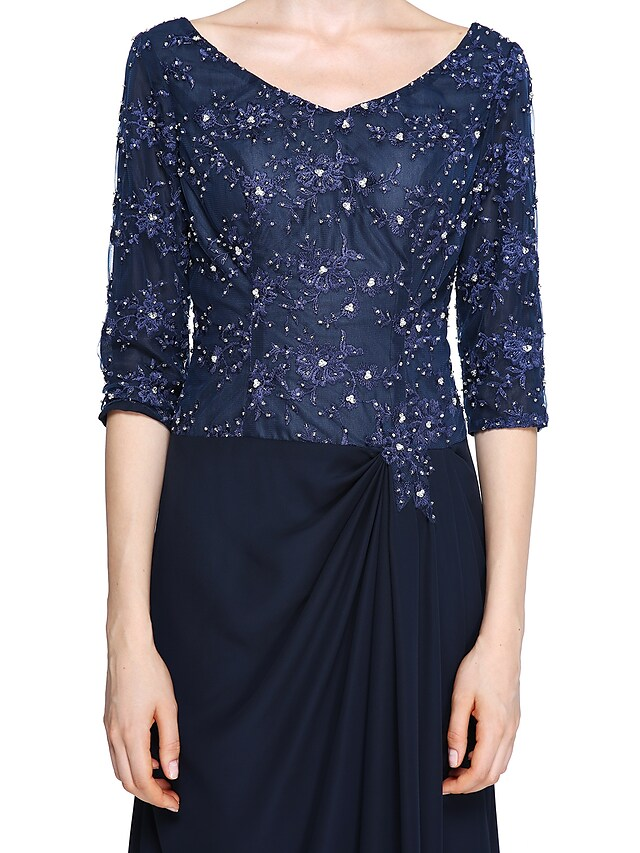 Luolandi Mother of the Bride Dress Elegant V Neck Ankle Length Chiffon Lace Half Sleeve with Lace Dark Navy
