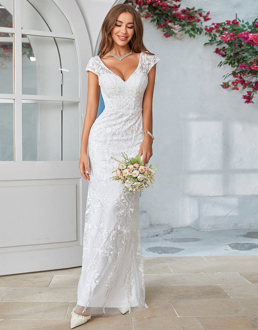 Luolandi Ivory Mermaid Lace V-Neck Wedding Dress Floor Length Beautiful