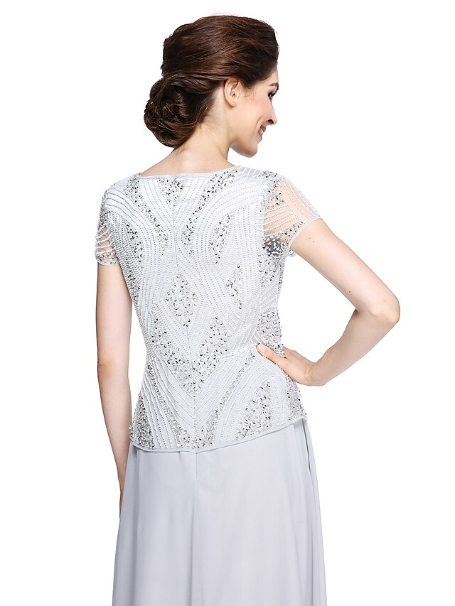 Luolandi Mother of the Bride Dress Jewel Neck Floor Length Chiffon Short Sleeve with Beading Sequin Silver