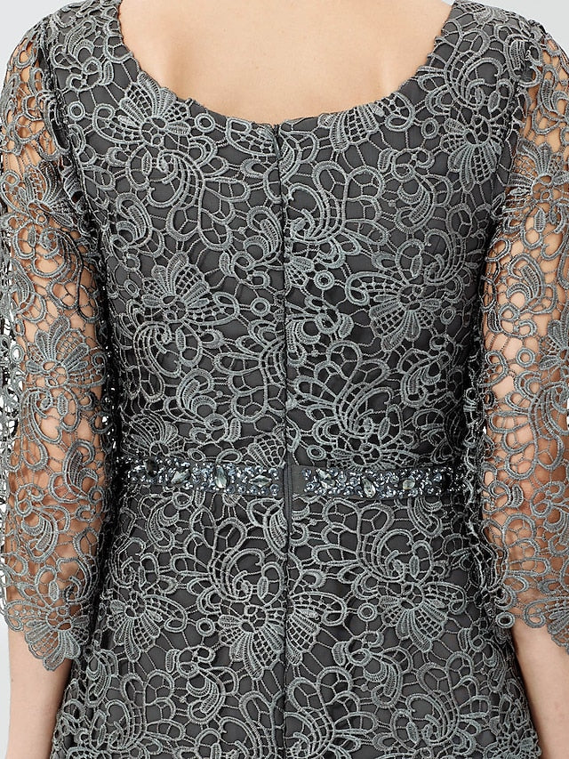 Luolandi Ball Gown A-Line Mother of the Bride Dress Formal Classic & Timeless Elegant & Luxurious Elegant Scoop Neck Floor Length Chiffon Corded Lace 3/4 Length Sleeve with Beading