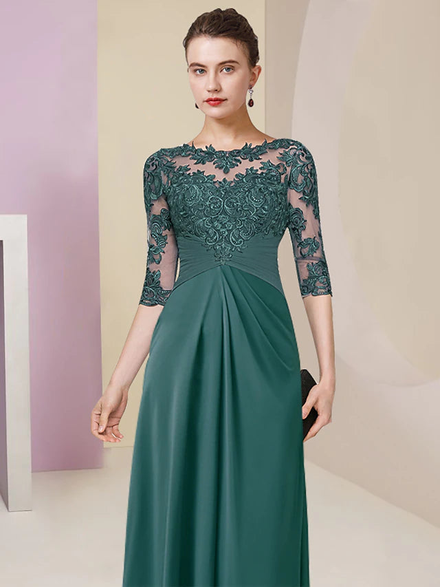 Luolandi Sheath / Column Mother of the Bride Dress Simple Elegant Jewel Neck Floor Length Chiffon Lace Half Sleeve with Pleats