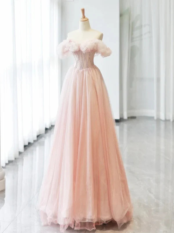 Luolandi A-Line Princess Sweetheart Neck Off Shoulder Tulle Pink Long Prom Dress Beautiful