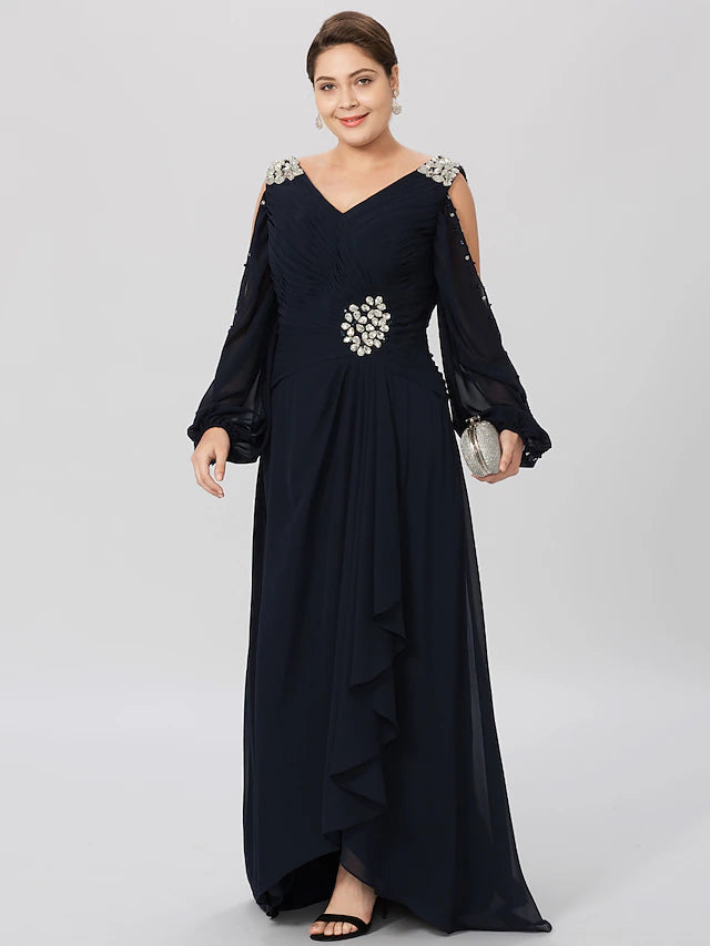 Luolandi Sheath / Column Mother of the Bride Dress Plus Size Elegant High Low V Neck Asymmetrical Chiffon Satin Long Sleeve with Criss Cross