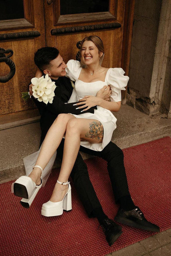 Luolandi Bodycon Square Neck Satin Short Wedding Dresses with Lantern Sleeves