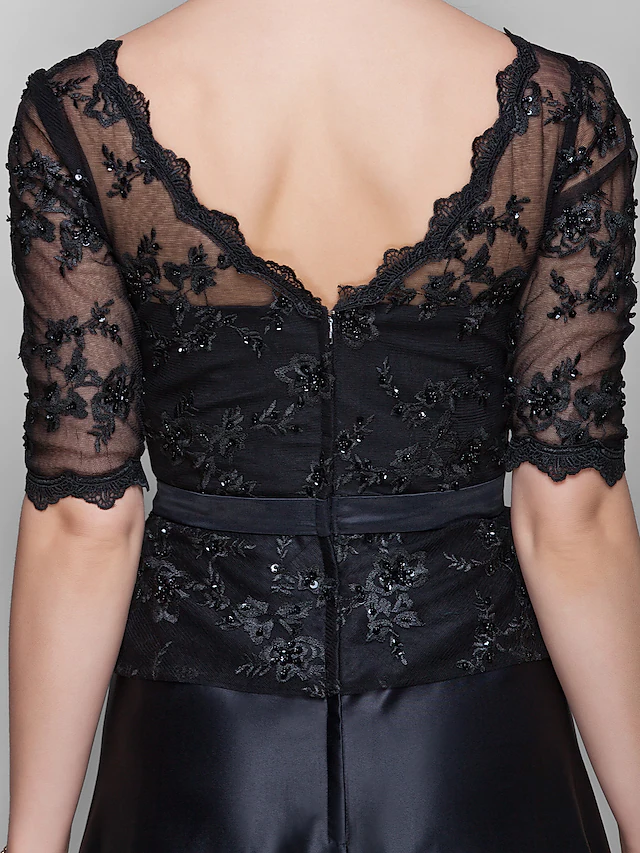 Luolandi A-Line Mother of the Bride Dress See Through V Neck Floor Length Lace Satin Half Sleeve with Lace Bow(s) Beading Black