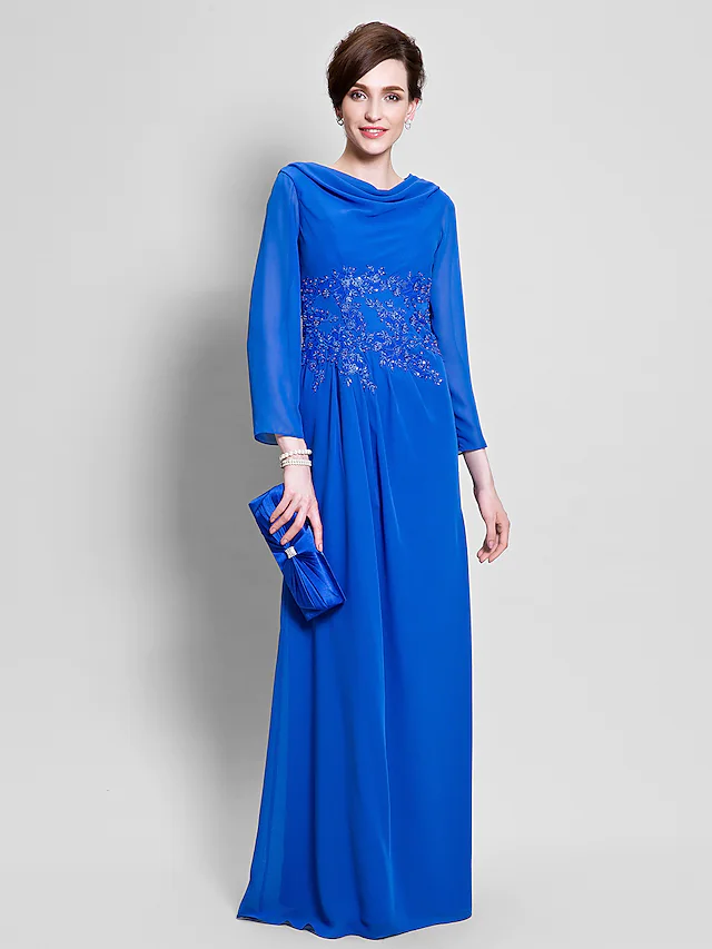 Luolandi Mother of the Bride Dress Vintage Inspired Cowl Neck Floor Length Chiffon Long Sleeve with Appliques Ocean Blue