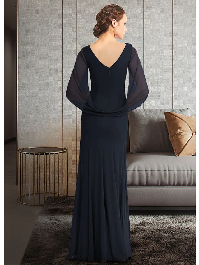 Luolandi Mother of the Bride Dress Elegant Jewel Neck Ankle Length Chiffon Half Sleeve with Pleats Ruching Dark Navy