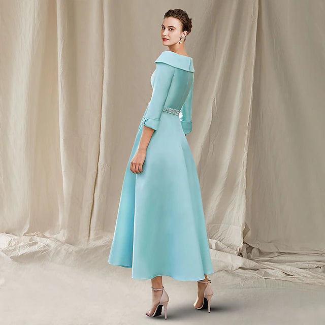Luolandi A-Line Mother of the Bride Dress Wedding Guest Luxurious Elegant Bateau Neck Ankle Length Satin 3/4 Length Sleeve with Sash / Ribbon Bow(s)