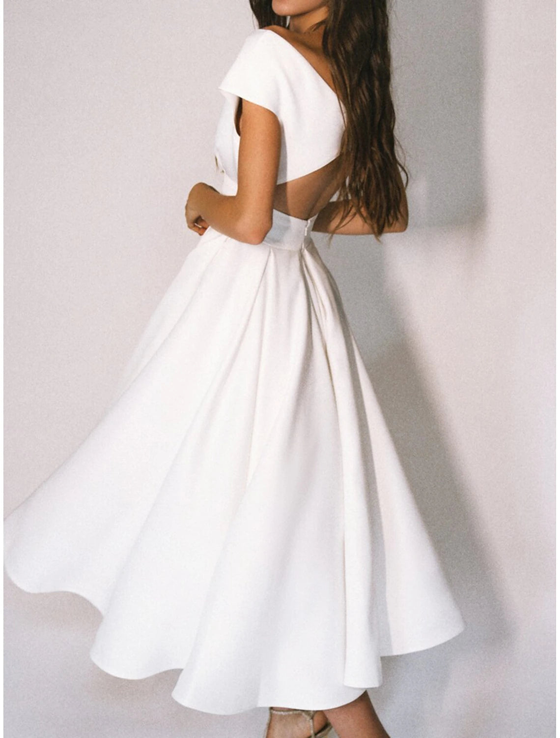 Luolandi Reception Little Dresses Simple Wedding Dresses A-Line V Neck Cap Sleeve Tea Length Chiffon Bridal Gowns