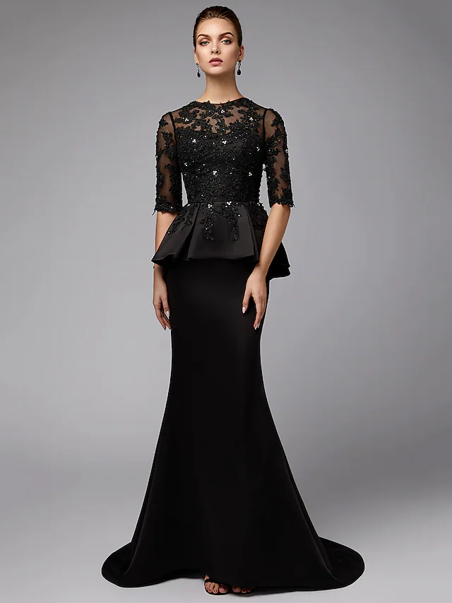 Luolandi Mother of the Bride Dress Sexy See Through Jewel Neck Lace Satin Half Sleeve with Beading Appliques Black