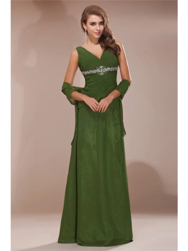 Luolandi V-neck Sleeveless Beading Long Chiffon Mother of the Bride Dresses Floor Length
