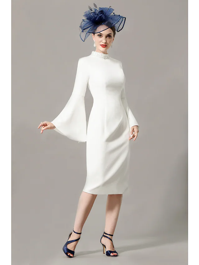 Luolandi Mother of the Bride Dress Wrap Included High Neck Knee Length Jersey 3/4 Length Sleeve with Crystals Ivory