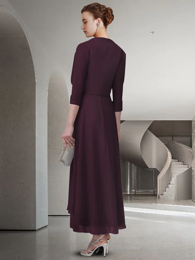 Luolandi A-Line Mother of the Bride Dress Elegant Jewel Neck Tea Length Chiffon Satin Half Sleeve with Pleats