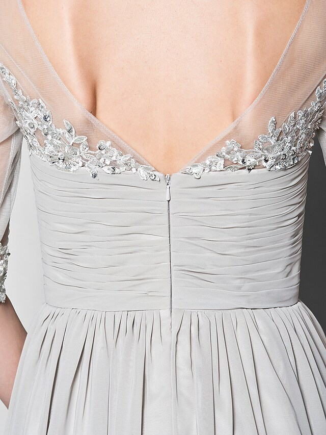 Luolandi A-Line Mother of the Bride Dress V Neck Floor Length Chiffon Tulle Half Sleeve with Ruched Beading Silver