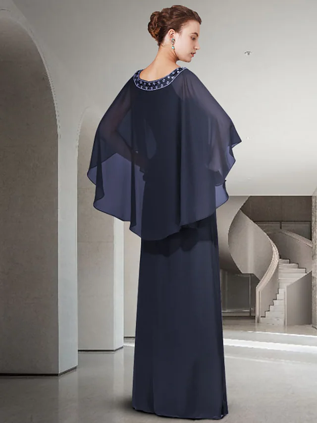 Luolandi Mother of the Bride Dress Elegant Jewel Neck Floor Length Chiffon Long Sleeve with Ruffles Dark Navy