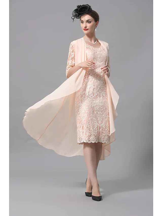 Luolandi Two Piece A-Line Mother of the Bride Dress Wrap Included Jewel Neck Knee Length Lace Half Sleeve