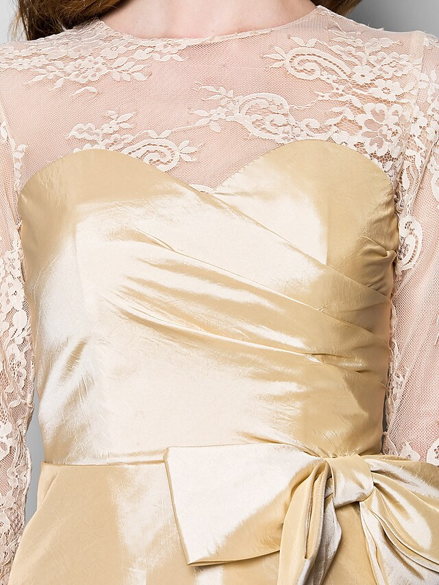 Luolandi Mother of the Bride Dress Vintage Inspired Jewel Neck Knee Length Lace Taffeta 3/4 Length Sleeve with Bow(s) Champagne