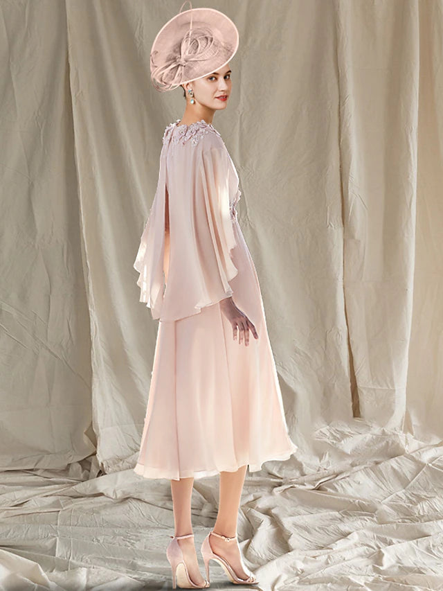 Luolandi Two Piece A-Line Mother of the Bride Dress Wedding Guest Church Elegant V Neck Tea Length Chiffon Sleeveless Wrap Included with Appliques Excluding hat