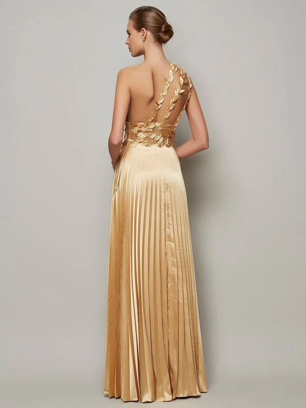 Luolandi A-Line/Princess One-Shoulder Sleeveless Hand-Made Flower Long  Woven Satin Dresses Evening Dresses