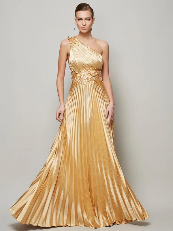 Luolandi A-Line/Princess One-Shoulder Sleeveless Hand-Made Flower Long  Woven Satin Dresses Evening Dresses