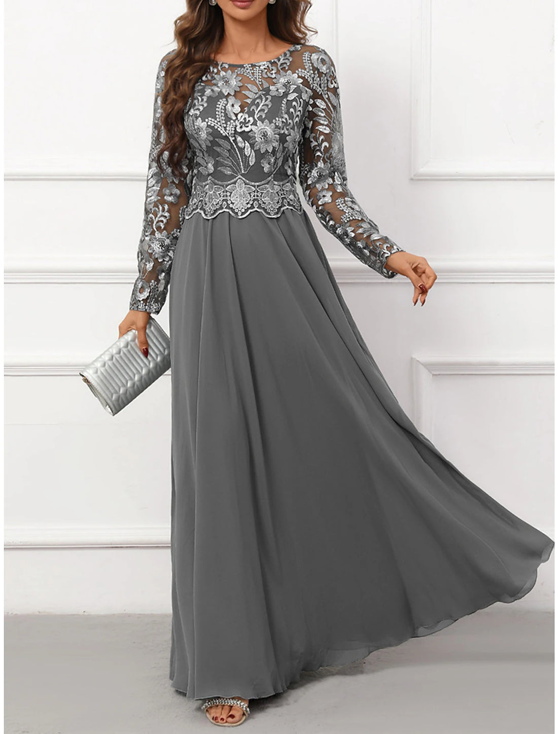 Luolandi Women's Prom Dress Party Dress Lace Dress Long Dress Maxi Dress Gray Long Sleeve Pure Color Lace Spring Fall Winter Crew Neck Fashion Mother of the Bride Dress