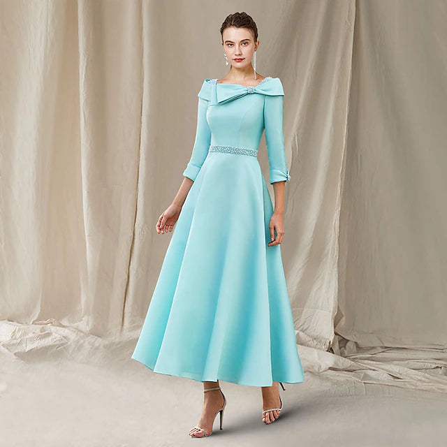 Luolandi A-Line Mother of the Bride Dress Wedding Guest Luxurious Elegant Bateau Neck Ankle Length Satin 3/4 Length Sleeve with Sash / Ribbon Bow(s)