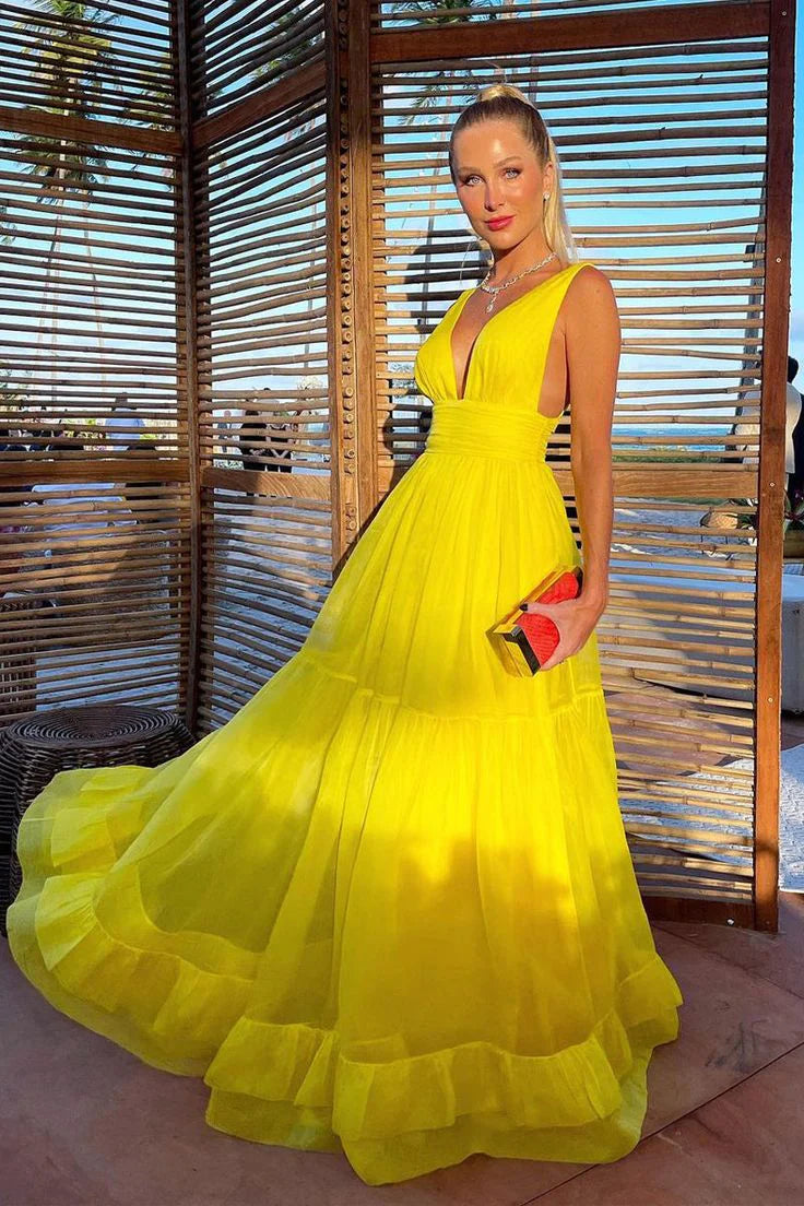 Luolandi Yellow V Neck A-Line Long Formal Party Dress Chiffon Guest Dress Sexy Evening Dress