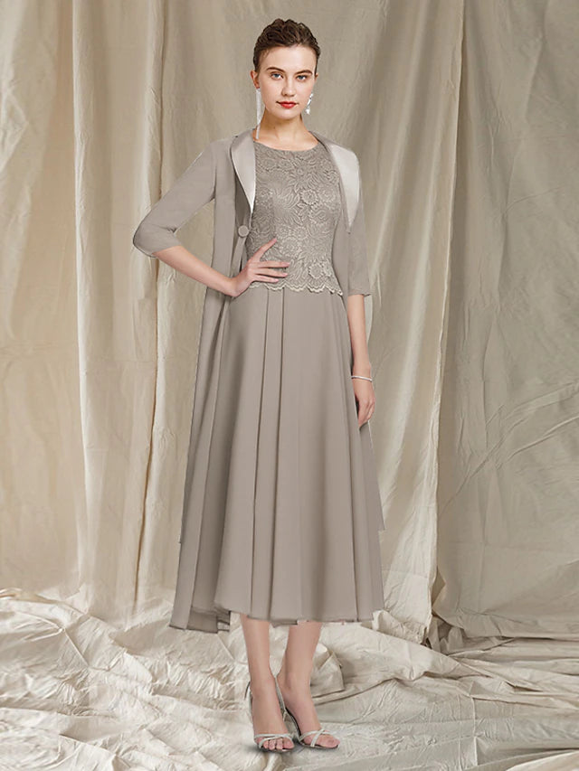 Luolandi Two Piece A-Line Mother of the Bride Dress Church Elegant Jewel Neck Tea Length Chiffon Lace Half Sleeve Jacket Dresses