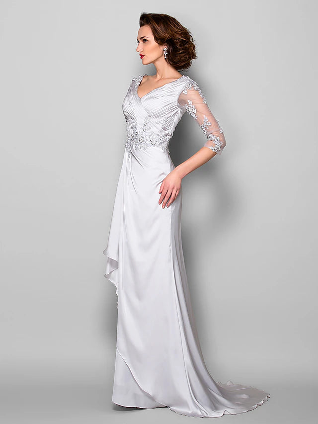 Luolandi A-Line Mother of the Bride Dress V Neck Sweep / Brush Train Satin Chiffon 3/4 Length Sleeve with Criss Cross Beading
