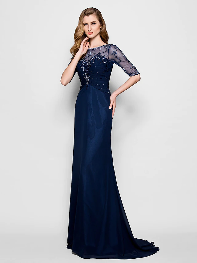 Luolandi A-Line Mother of the Bride Dress See Through Jewel Neck Chiffon Tulle Half Sleeve with Ruched Crystals Beading Dark Navy
