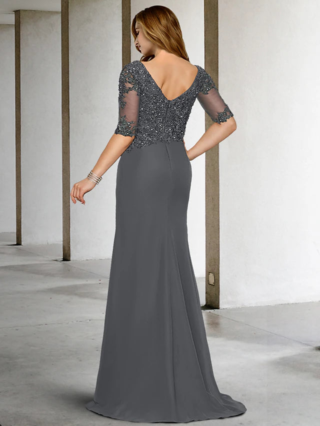 Luolandi Mermaid / Trumpet Plus Size Curve Mother of the Bride Dresses Vintage Dress Formal Sweep / Brush Train Half Sleeve V Neck Chiffon with Pleats