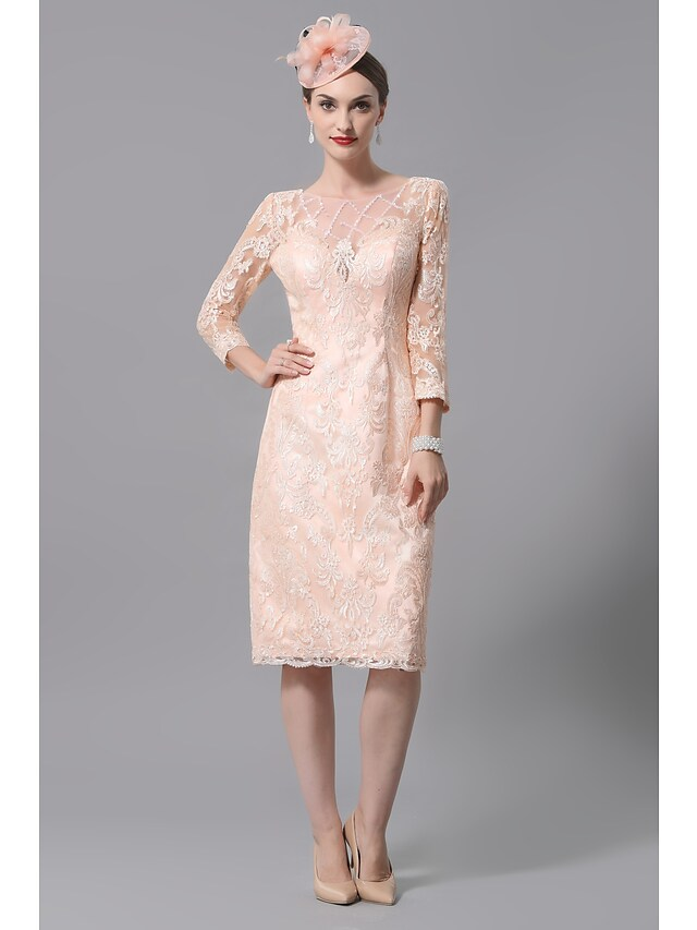 Luolandi Mother of the Bride Dress Plus Size Sexy See Through Bateau Neck Knee Length Lace 3/4 Length Sleeve with Appliques Peach