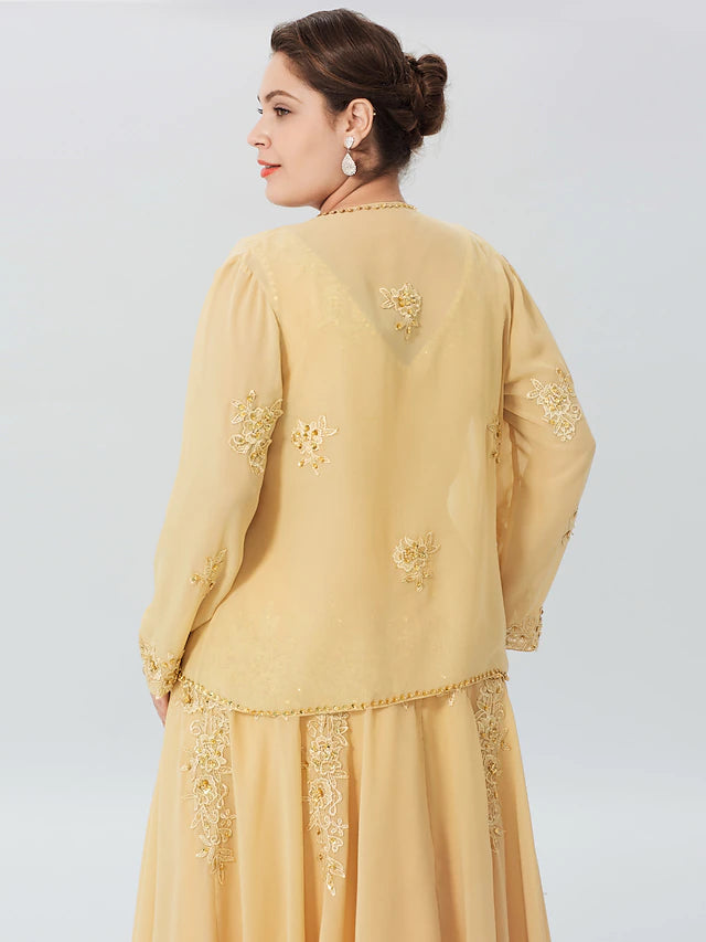 Luolandi A-Line Mother of the Bride Dress Formal Plus Size Elegant High Low V Neck Asymmetrical Chiffon Beaded Lace Long Sleeve Wrap Included with Beading