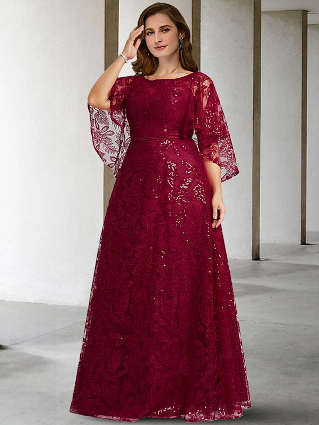Luolandi A-Line Mother of the Bride Dress Plus Size Elegant Jewel Neck Floor Length Lace Half Sleeve No with Sequin