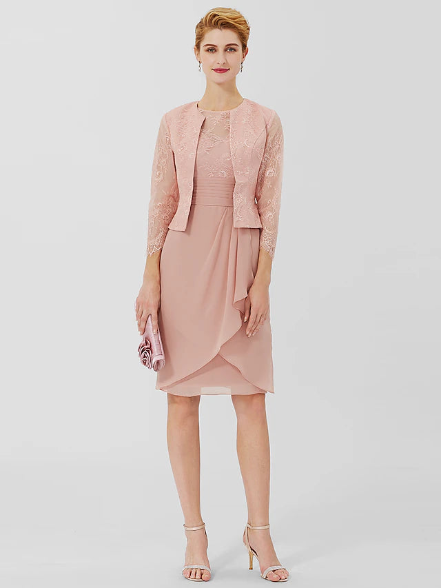 Luolandi Sheath / Column Mother of the Bride Dress Formal Classic & Timeless Elegant & Luxurious Convertible Dress Jewel Neck Knee Length Chiffon Sheer Lace 3/4 Length Sleeve with Sash