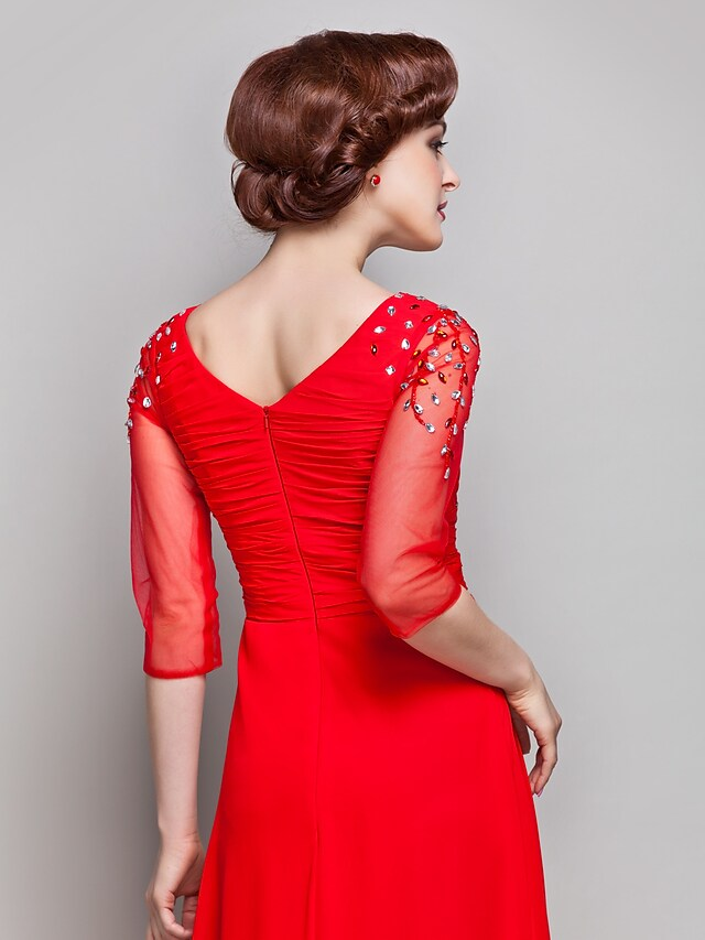 Luolandi Mother of the Bride Dress Vintage Inspired Square Neck Floor Length Chiffon Tulle 3/4 Length Sleeve with Criss Cross Red