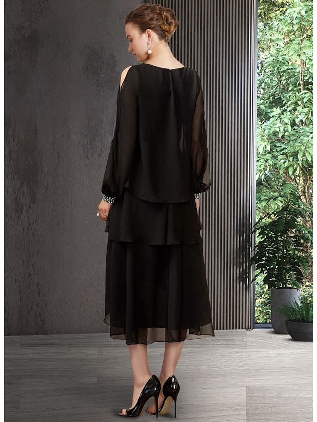 Luolandi A-Line Mother of the Bride Dress Elegant Jewel Neck Asymmetrical Chiffon Long Sleeve with Sequin Tier Black