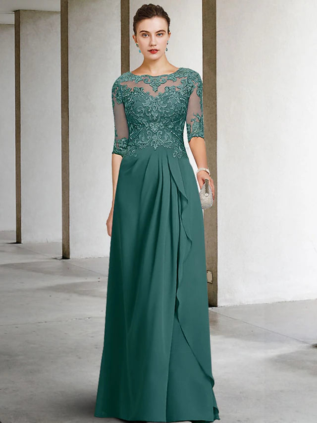 Luolandi A-Line Mother of the Bride Dress Plus Size Elegant Jewel Neck Floor Length Chiffon Lace Half Sleeve with Pleats Beading