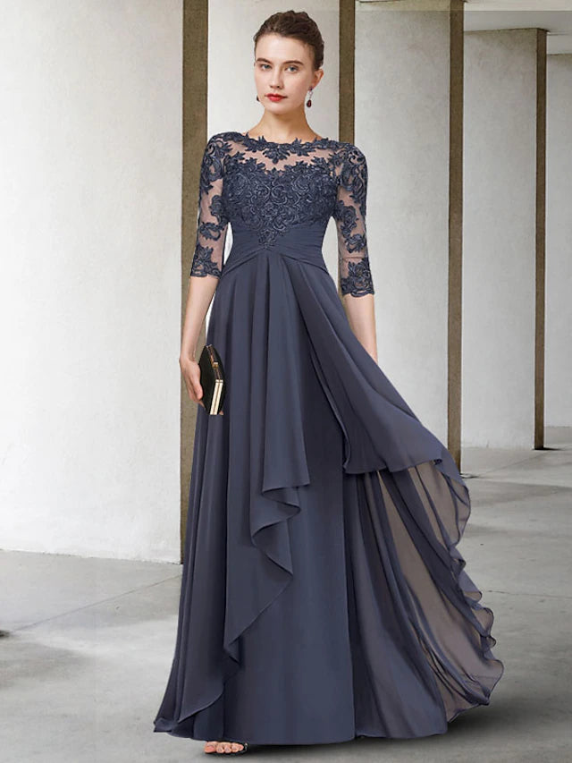 Luolandi A-Line Mother of the Bride Dress Plus Size Elegant Jewel Neck Floor Length Chiffon Lace 3/4 Length Sleeve with Pleats