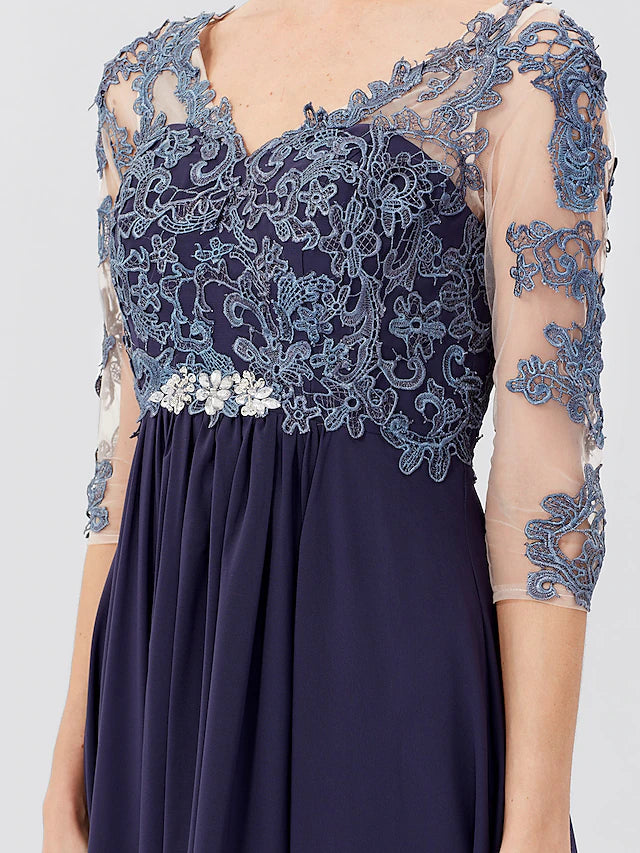 Luolandi Ball Gown A-Line Mother of the Bride Dress Formal Plus Size Elegant V Neck Floor Length Chiffon Sheer Lace 3/4 Length Sleeve with Appliques