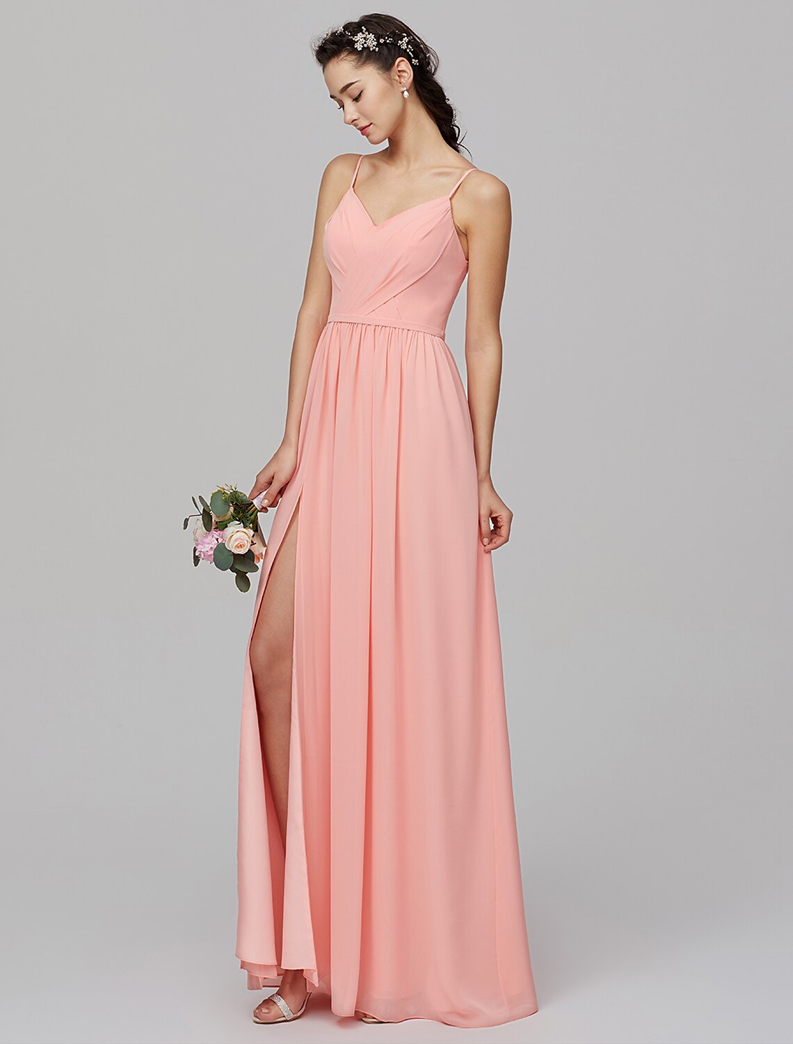 Luolandi A-Line Spaghetti Strap Floor Length Chiffon Bridesmaid Dress with Criss Cross / Split