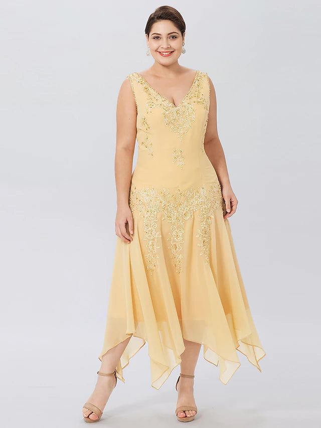 Luolandi A-Line Mother of the Bride Dress Formal Plus Size Elegant High Low V Neck Asymmetrical Chiffon Beaded Lace Long Sleeve Wrap Included with Beading