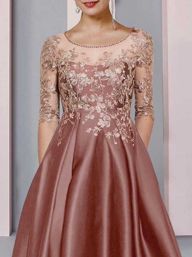 Luolandi A-Line Mother of the Bride Dress Formal Wedding Guest Party Elegant High Low Scoop Neck Asymmetrical Tea Length Satin Lace Half Sleeve with Pleats Beading