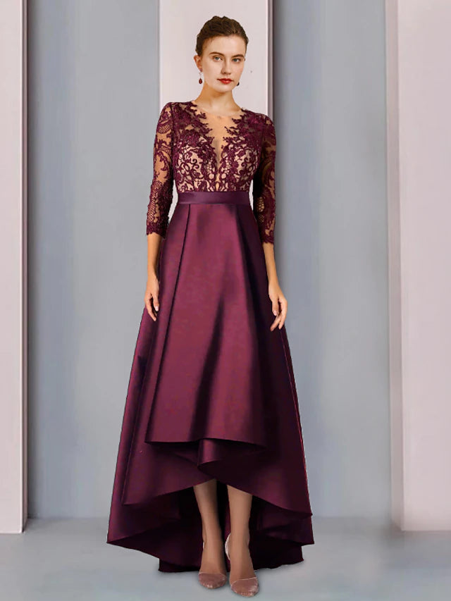 Luolandi A-Line Mother of the Bride Dress Formal Church Elegant High Low Scoop Neck Asymmetrical Tea Length Satin Lace 3/4 Length Sleeve
