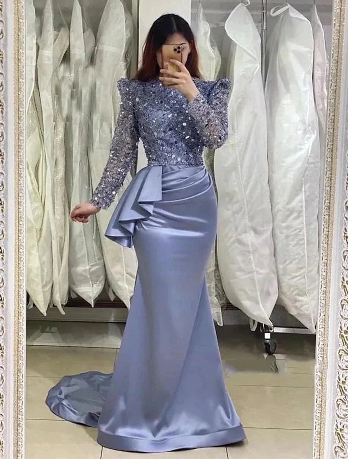 Luolandi Sheath / Column Long Sleeves Evening Gown Elegant Prom Dress Sparkly Formal Dress