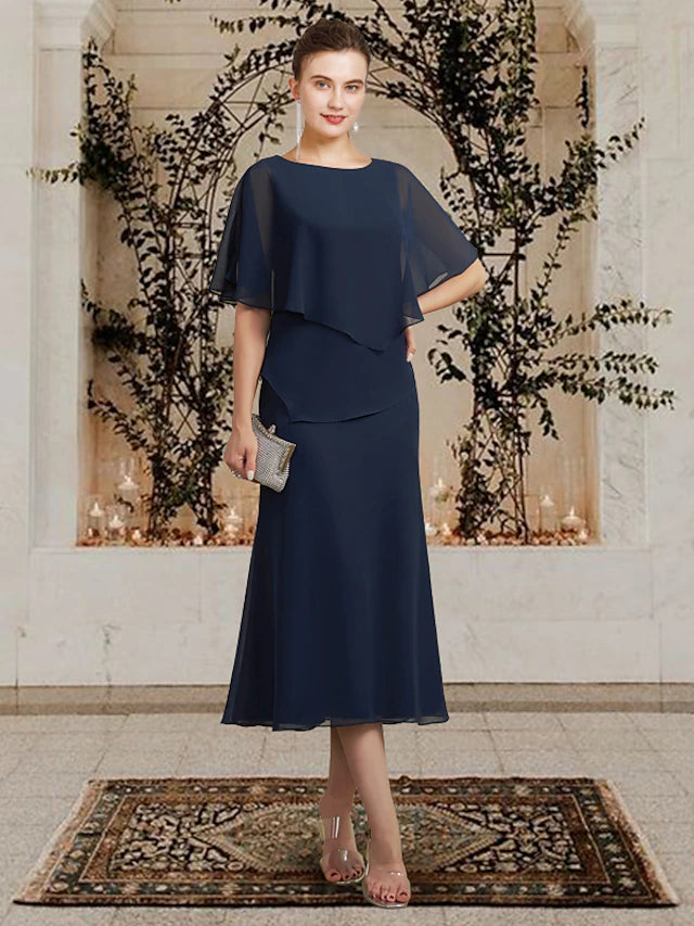 Luolandi A-Line Mother of the Bride Dress Plus Size Elegant Jewel Neck Tea Length Chiffon Sleeveless