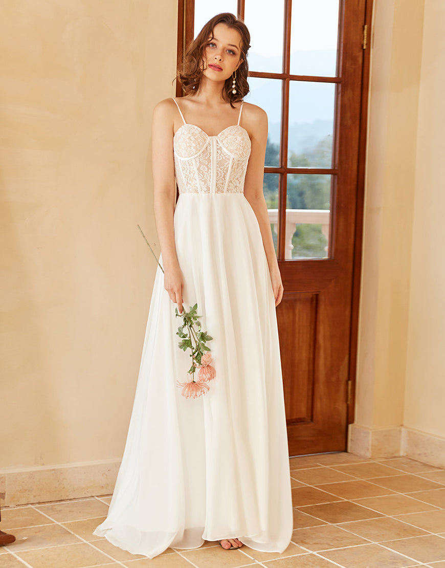 Luolandi A Line Spaghetti Straps Wedding Dress with Appliques Floor Length Beautiful