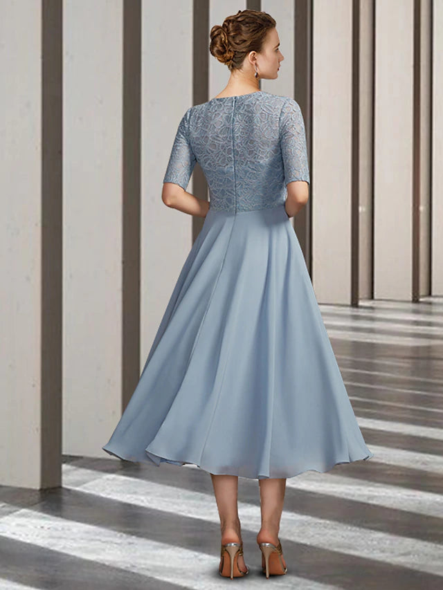 Luolandi A-Line Mother of the Bride Dress Elegant Jewel Neck Tea Length Chiffon Lace Short Sleeve