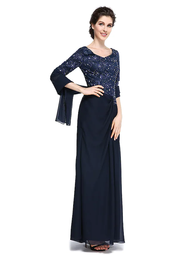 Luolandi Mother of the Bride Dress Elegant V Neck Ankle Length Chiffon Lace Half Sleeve with Lace Dark Navy