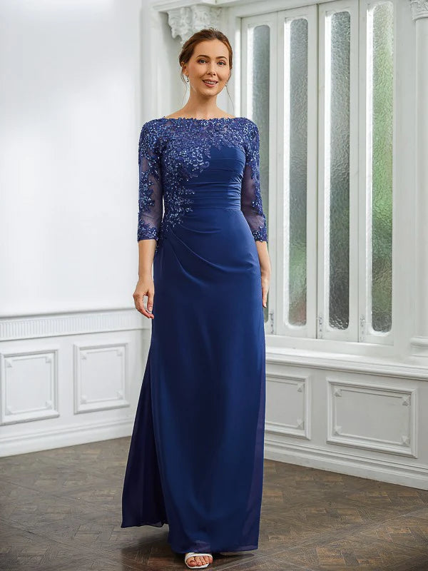 Luolandi Sheath/Column Chiffon Applique Bateau 3/4 Sleeves Floor-Length Mother of the Bride Dresses Beautiful